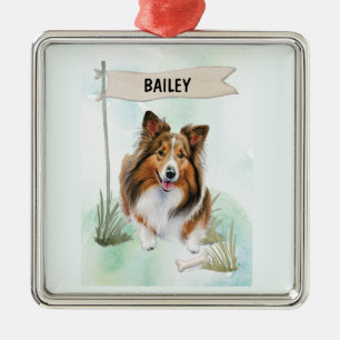Adorno Metálico Perro de aguas Shetland Acuarela Personalizado