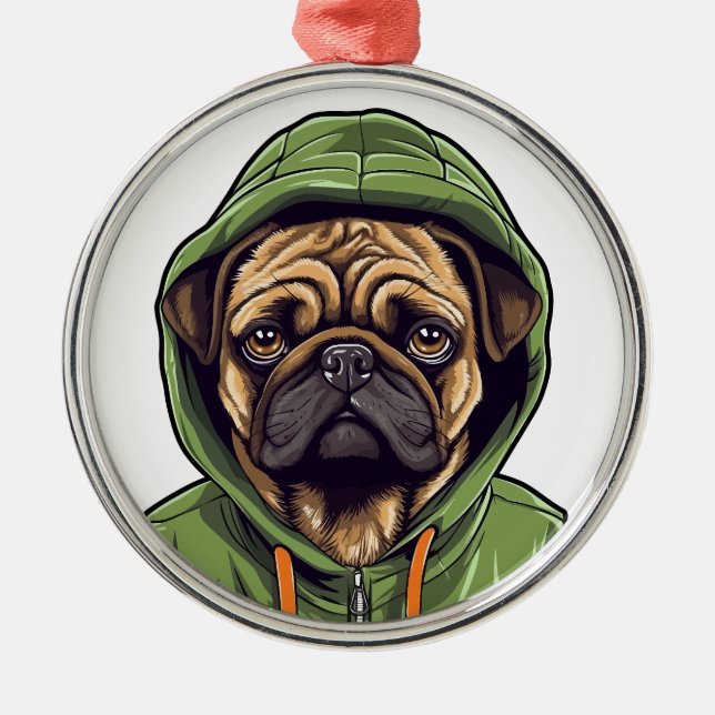 Adorno Metálico Perro de Pug con capucha verde (Frente)