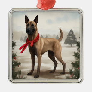 Adorno Metálico Perro malinés belga en Navidades de nieve