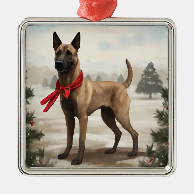 Adorno Metálico Perro malinés belga en Navidades de nieve (Frente)