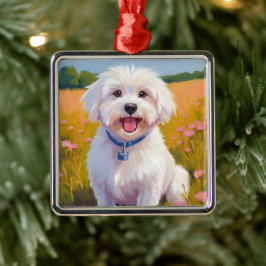 Adorno Metálico Perro Maltés | Pintura de Mascota en Campo de Flor