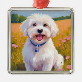 Adorno Metálico Perro Maltés | Pintura de Mascota en Campo de Flor