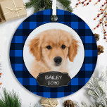 Adorno Metálico Perro Navidades ruidosos Blue Plaid Puppy Mascota<br><div class="desc">Decoren su árbol o envíen un regalo especial con este adorable adorno de festividad personalizado mascota. Añade las fotos de tu perro y personaliza con nombre y año. El ornamento es de doble cara, se pueden hacer diferentes fotos a cada lado. DERECHOS RESERVADOS © 2020 Judy Burrows, Black Dog Art...</div>