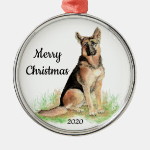 Adorno Metálico Perro pastor alemán de acuarela de Navidad fechado