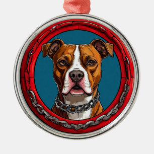 Adorno Metálico Perro sobre un fondo azul con cadenas