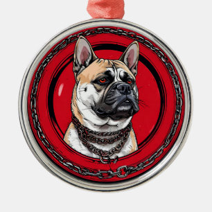 Adorno Metálico Perro sobre un fondo rojo con cadenas