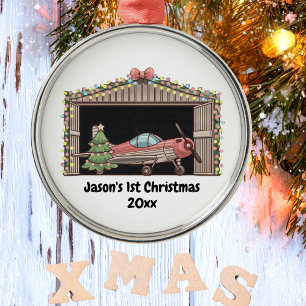 Adorno Metálico Personalizado, Avión Rojo y Árbol, Primera Navidad