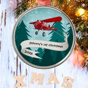 Adorno Metálico Personalizado, Avión Rojo y Santa, Primer Navidad