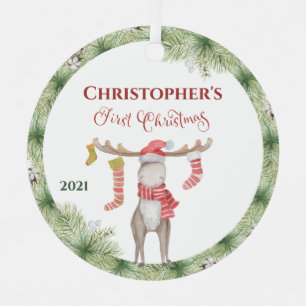 Adorno Metálico Personalizado Cute Moose Bebé Primera Navidad Cera