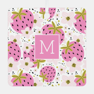Adorno Metálico Personalizado de fresas rosadas Monograma Ornament