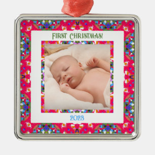 Adorno Metálico Personalizado Jolly Happy First Christmas Photo Fr