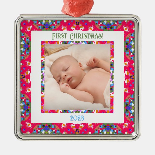 Adorno Metálico Personalizado Jolly Happy First Christmas Photo Fr (Frente)