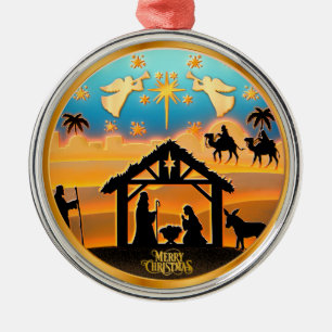 Adorno Metálico Personalizado Natividad de Oro "Feliz Navidad"