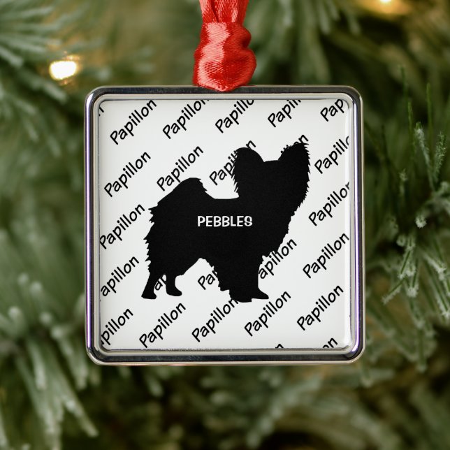 Adorno Metálico Personalizado Papillon Dog Silhouette (Árbol)