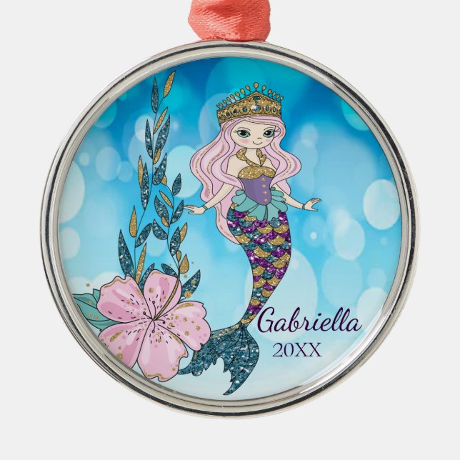 Adorno Metálico Personalized Magical Glitter Mermaid Ornament (Frente)