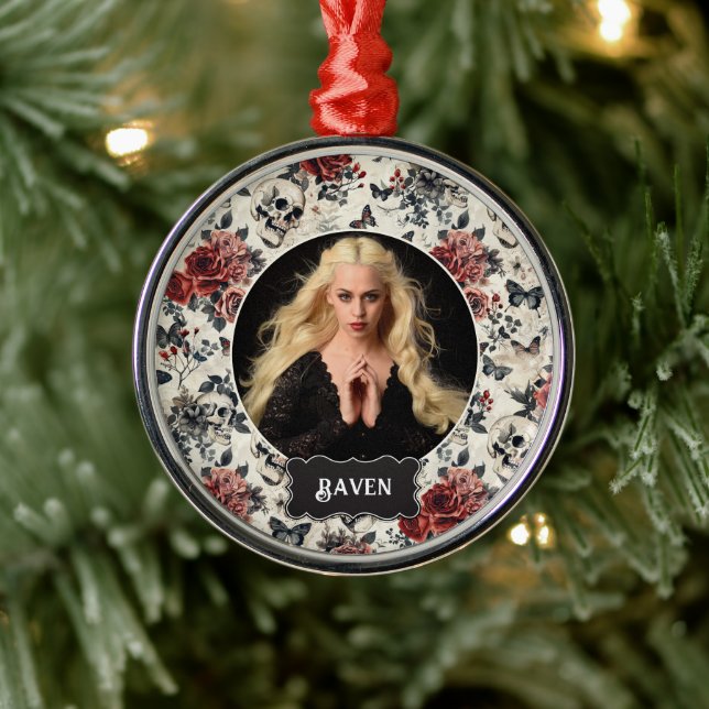 Adorno Metálico Personalized Photo Gothic Rose and Skull Christmas (Árbol)