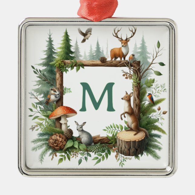 Adorno Metálico Personalized Woodland Monogram Christmas Ornament (Frente)