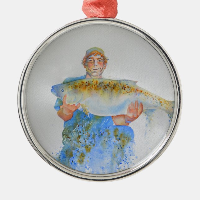 Adorno Metálico Pescador acuarela pintura regalo de pesca para él (Frente)