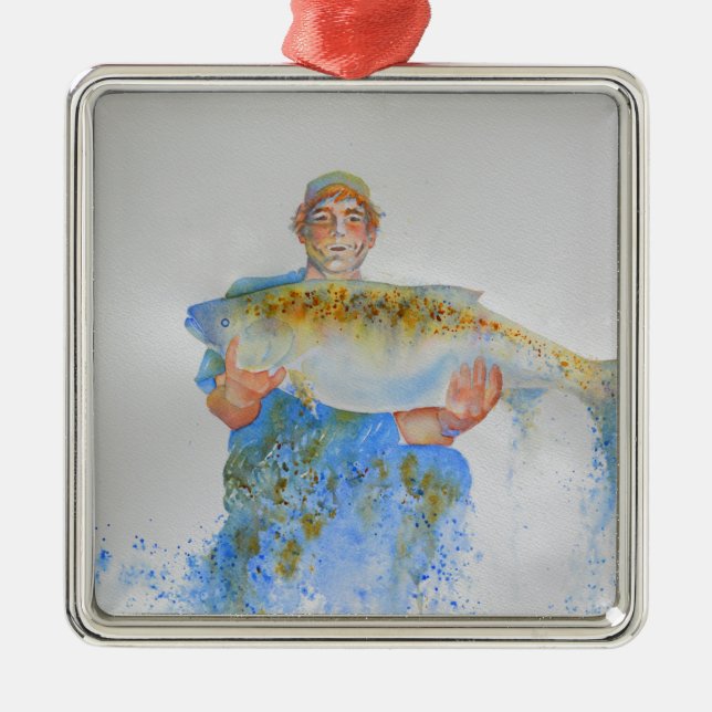 Adorno Metálico Pescador acuarela pintura regalo de pesca para él (Frente)