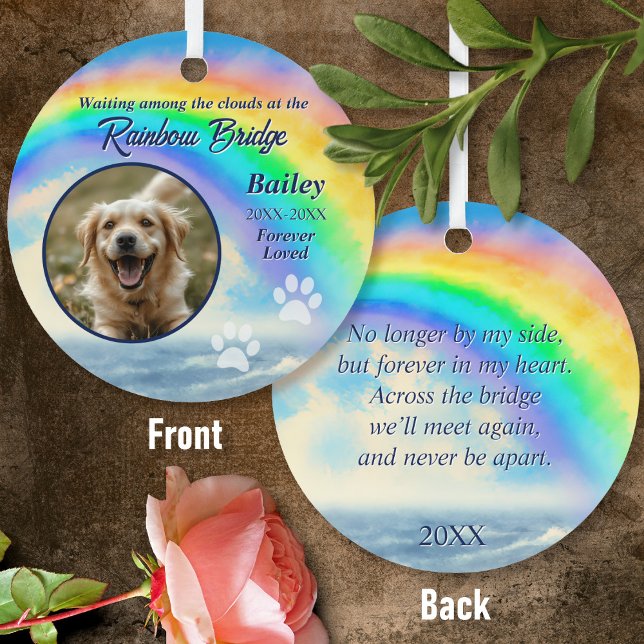Adorno Metálico Pet Memorial Rainbow Bridge Photo & Paw Print (Front/Back)