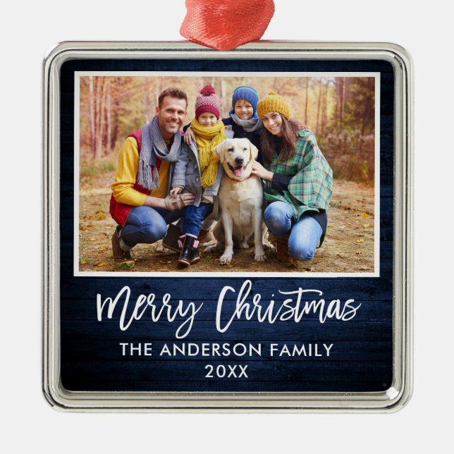 Adorno Metálico Pincel Script Familia de Madera Azul Feliz Navidad (Frente)