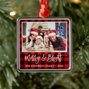 Adorno Metálico Pincel Script Red Plaid Merry and Bright Family