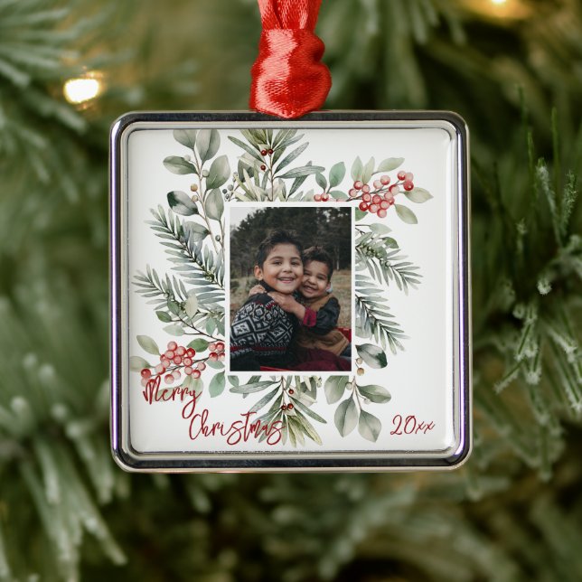 Adorno Metálico Pine Greenery Holly Foto Feliz Navidad (Árbol)