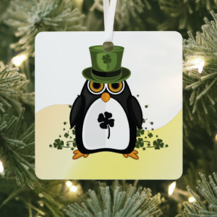 Adorno Metálico Pingüino Afortunado Día de San Patricio Trébol Irl