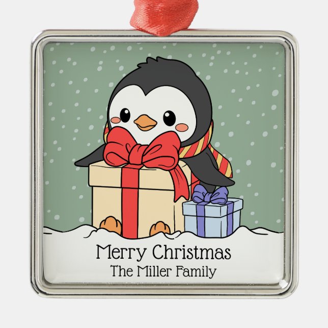 Adorno Metálico Pingüino lindo con regalos de Navidades en la neva (Frente)