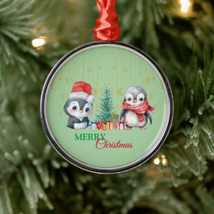 Adorno Metálico Pingüino Verde Rojo Santa Feliz Fiesta de Navidad