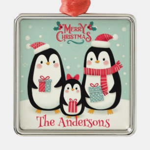 Adorno Metálico Pingüinos nevados de Feliz Navidad