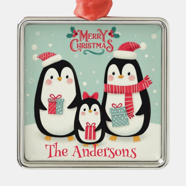 Adorno Metálico Pingüinos nevados de Feliz Navidad (Frente)