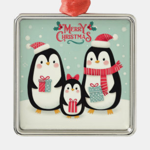 Adorno Metálico Pingüinos nevados de Feliz Navidad