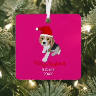 ADORNO METÁLICO PINK BEAGLE PUPPY DOG IN CHRISTMAS SANTA HAT XMAS
