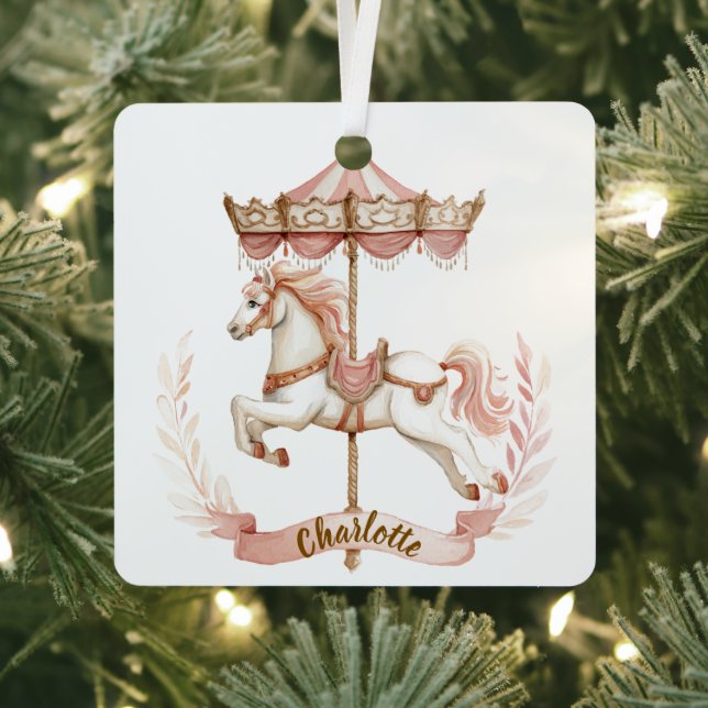 Adorno Metálico Pink Carousel Personalized Name Christmas Ornament (in situ)