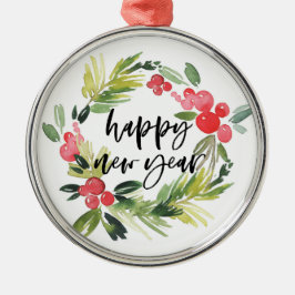 Adorno Metálico Pino acuarela y Wreath Holly Feliz Año Nuevo