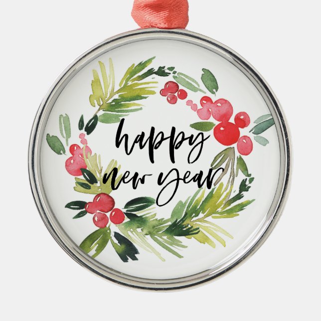 Adorno Metálico Pino acuarela y Wreath Holly Feliz Año Nuevo (Frente)