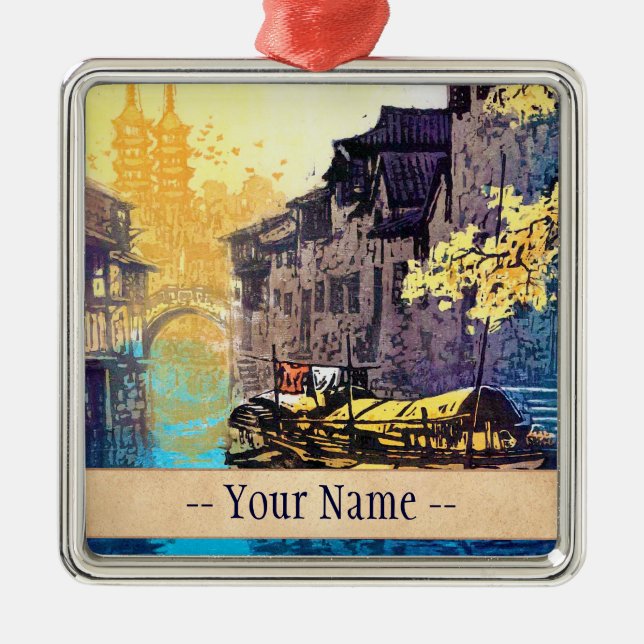 Adorno Metálico Pintura de la puesta del sol del río del paisaje (Frente)