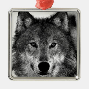 Adorno Metálico Pintura de Lobo Blanco y Negro