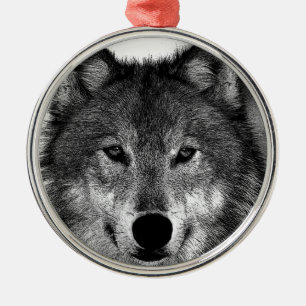 Adorno Metálico Pintura de Lobo Blanco y Negro