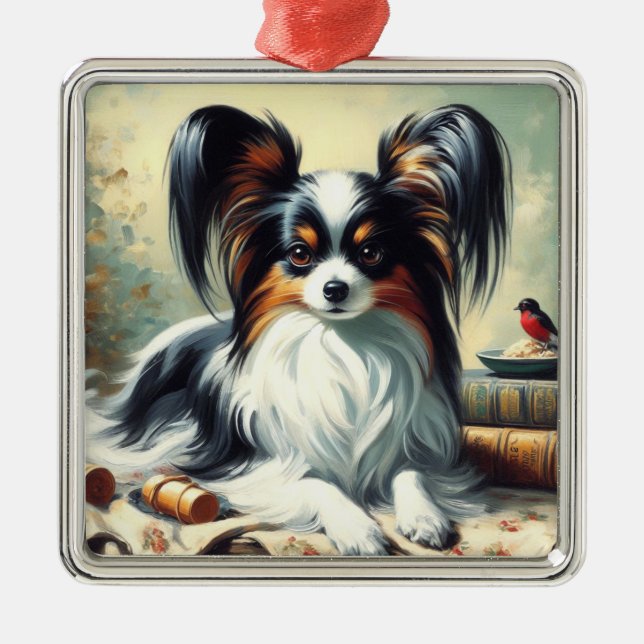 Adorno Metálico Pintura de perro de Papillon de época (Frente)