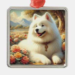 Adorno Metálico Pintura de perro de Samoyed de época