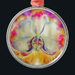 Adorno Metálico Pintura orquídea abstracta románica<br><div class="desc">pintura de acuarela de estilo tropical abstracto romántico de una orquídea blanca de fondo rosa y naranja surrealista.</div>