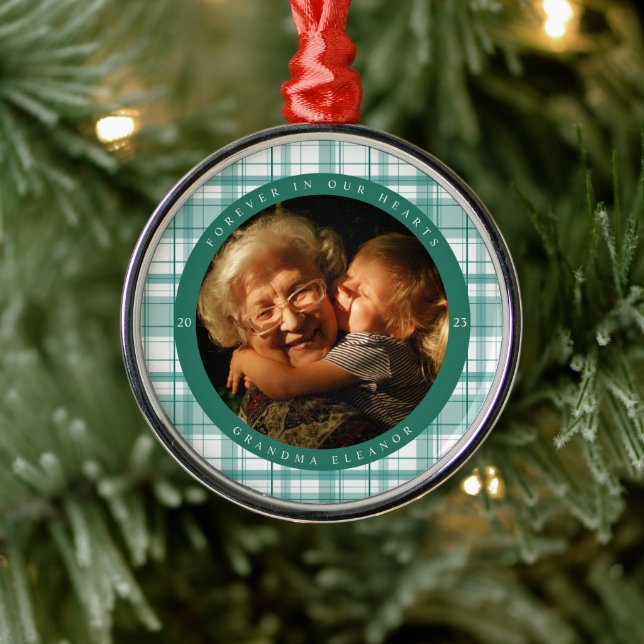 Adorno Metálico Plaid Turquoise Memorial Photo Metal Ornament (Árbol)