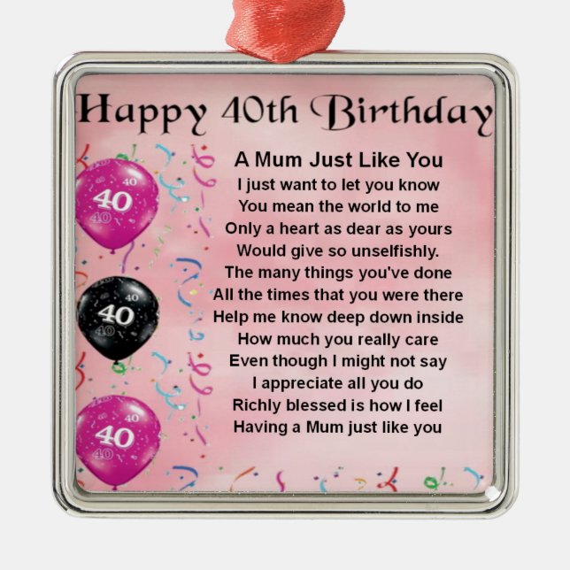 Adorno Metálico Poema de la mamá - 40.o cumpleaños (Frente)