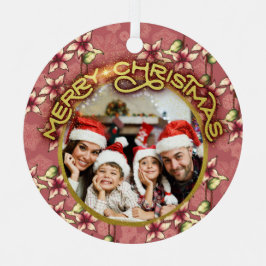 Adorno Metálico Poinsettia roja y copos de nieve Gold Merry Christ