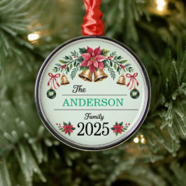 Adorno Metálico Poinsettia Wreath Bells Family Name 2025 Christmas