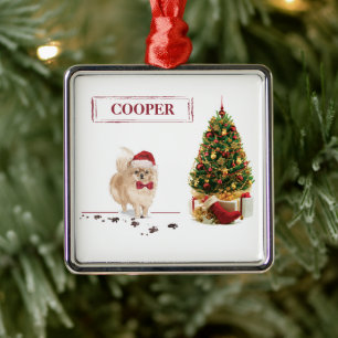 Adorno Metálico Pomeranian Funny Christmas Dog with Tree