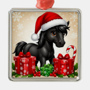 Adorno Metálico Poni negro lindo con sombrero de Santa