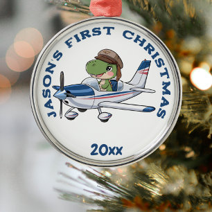 Adorno Metálico Primer Avión de Navidad y Piloto de Dinosaurio Per